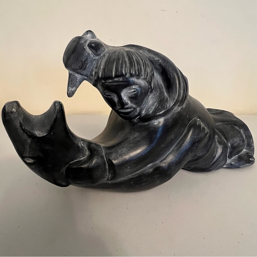 Vintage Ceramic Sculpture Inuit Man and Polar Bear